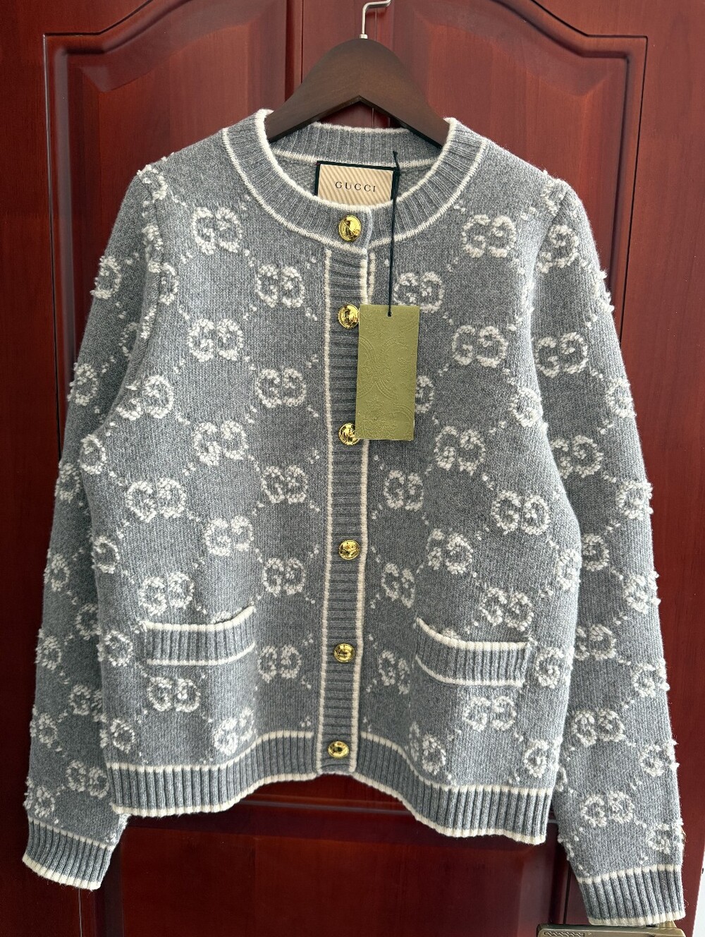 Gucci Grey Logo Jacquard Knit Cardigan